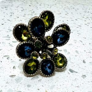 Floral, stretchable, shiny blue & green.